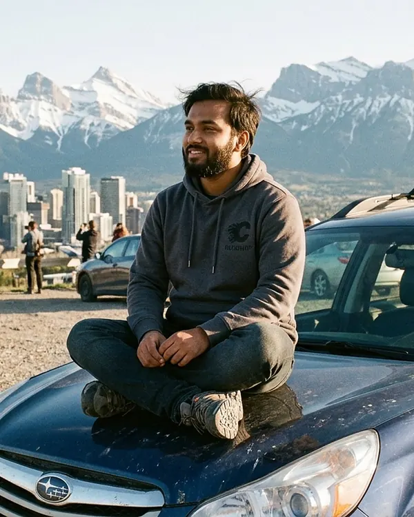 A man sitting on a car with the Calgary skyline and the Rockies behind him