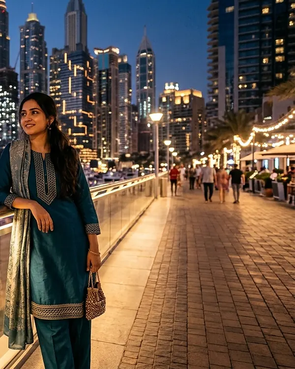 A woman in a salwar kameez on a Dubai promenade at night