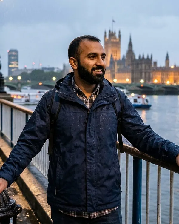 A man by the Thames with the Houses of Parliament behind him