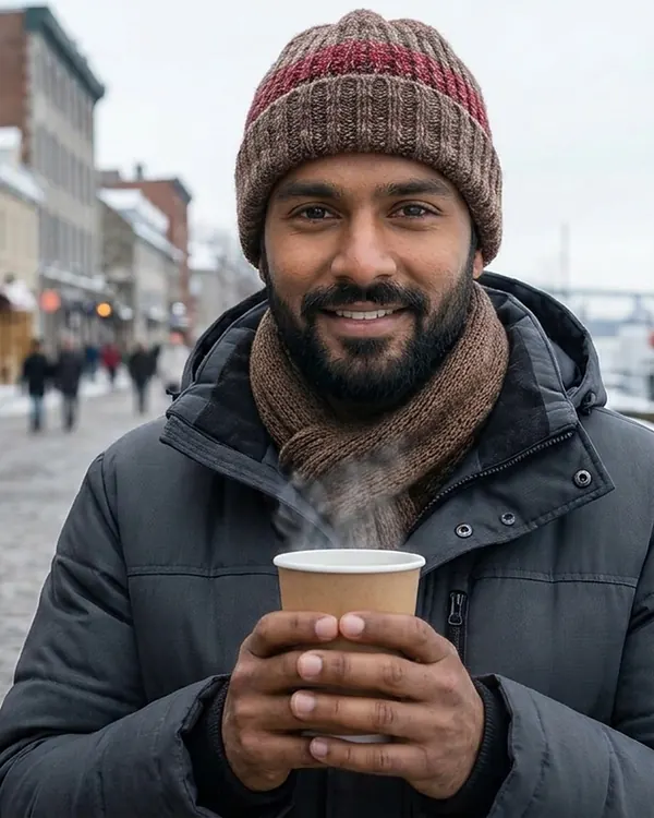 A man in a knitted hat holding a hot coffee on a Montreal street