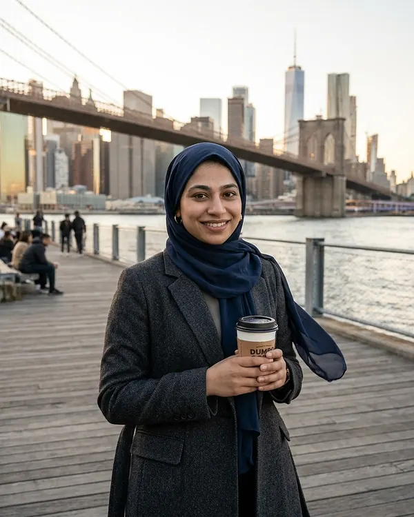 A woman in a hijab holding a coffee on a New York pier, the Brooklyn Bridge behind her