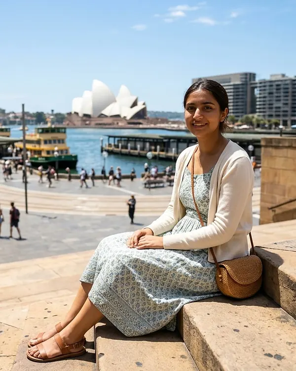 A woman sitting by Sydney Harbour with the Opera House behind her