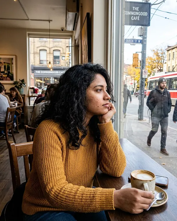 A woman with a coffee at a café window in Toronto