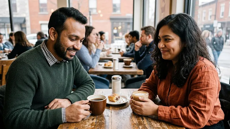 A couple talking over coffee in a café