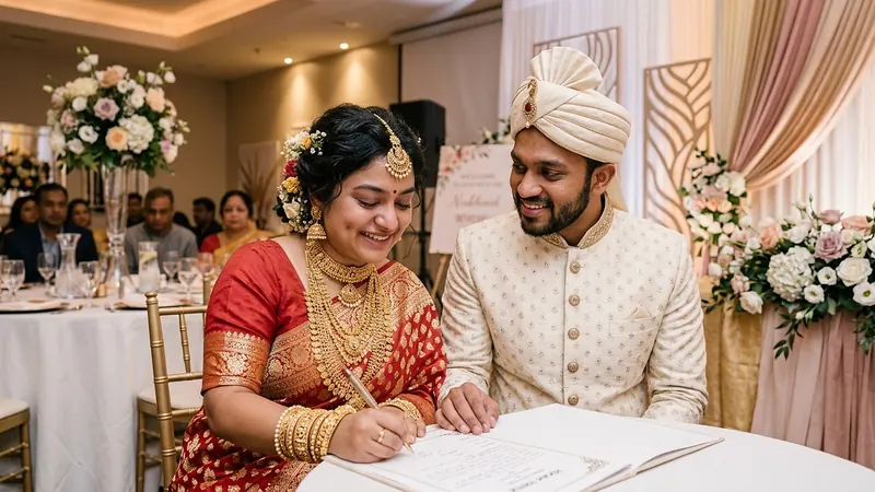 A bride and groom signing their marriage papers at their wedding