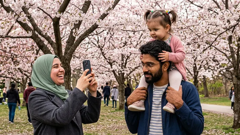 A mother photographing her husband and toddler under cherry blossoms