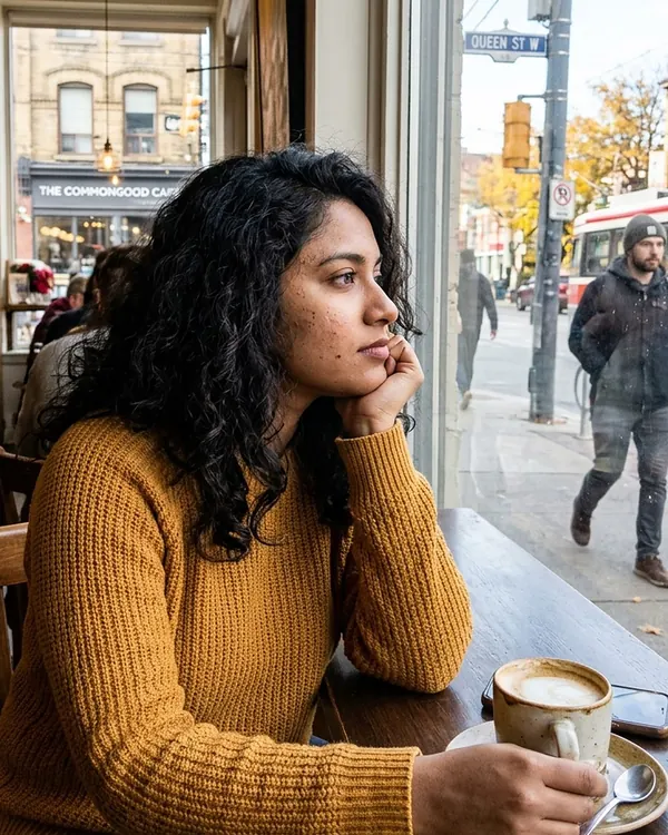 Example profile photo: a woman resting her chin on her hand at a café table