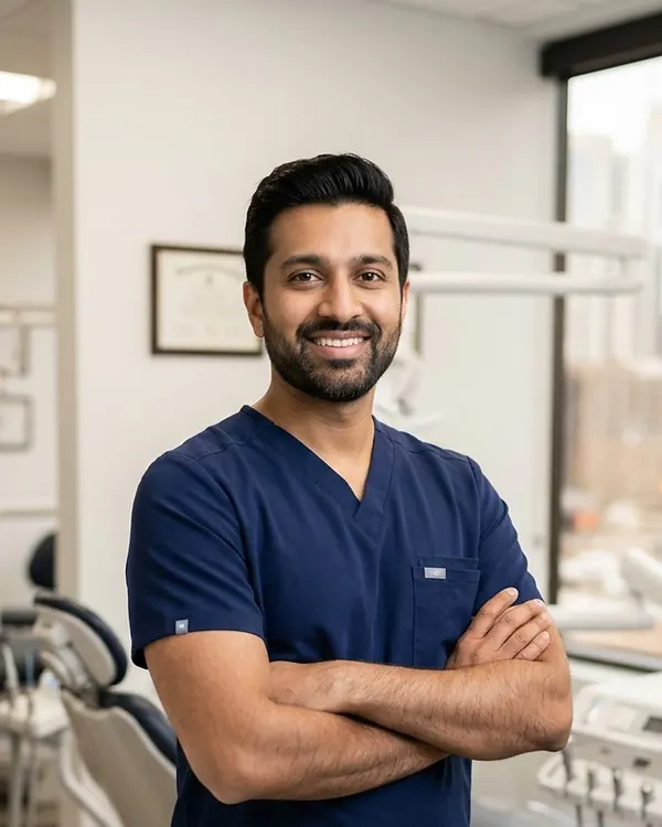 A dentist in navy scrubs, arms folded, in a dental clinic