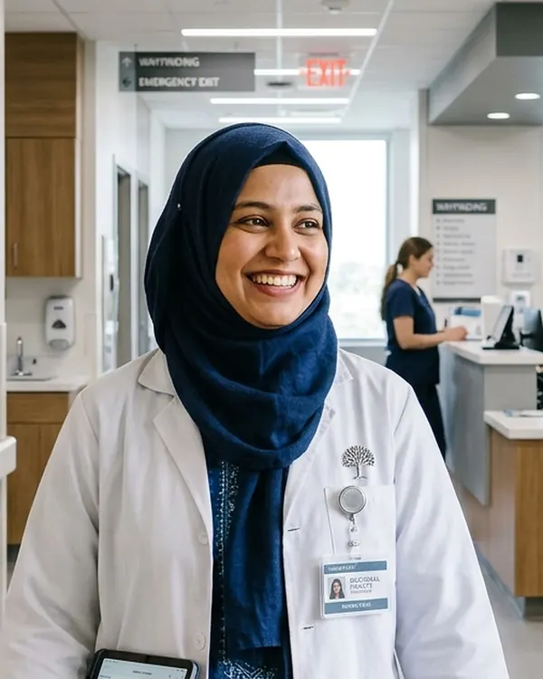 A doctor in a hijab and white coat, smiling in a hospital corridor