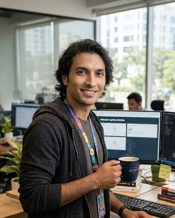 An engineer with a coffee at a desk of monitors