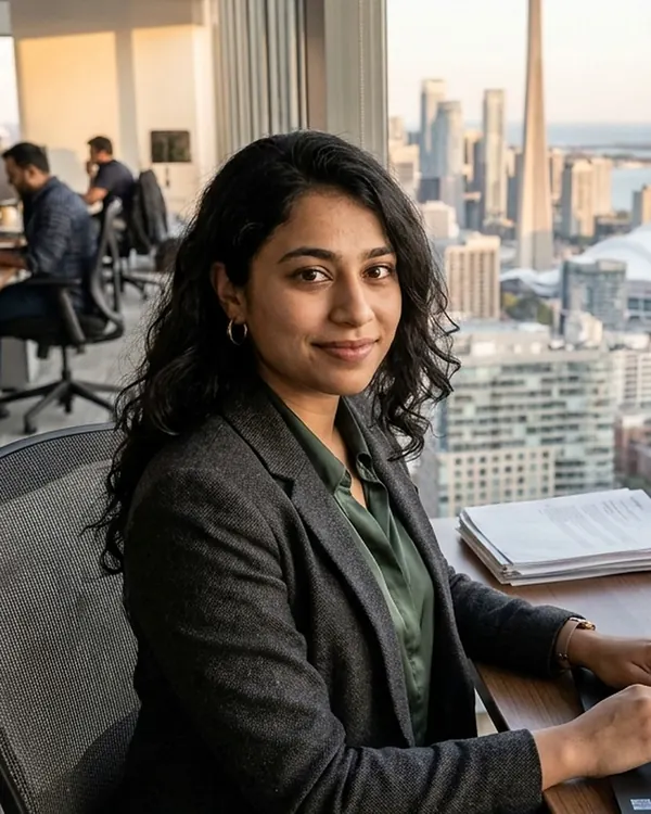 An analyst in a blazer at an office desk overlooking the city