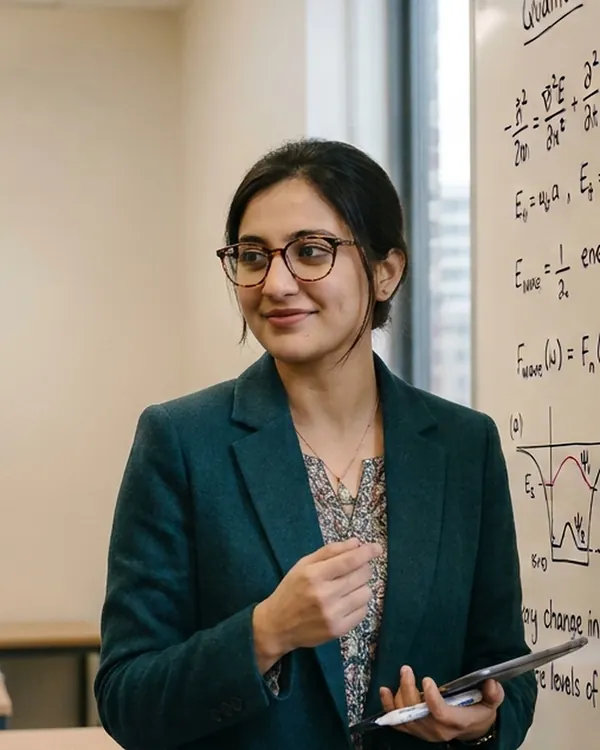 A teacher holding a tablet beside a whiteboard of equations